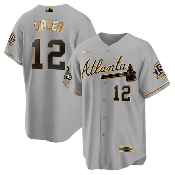 Men's Atlanta Braves #12 Jorge Soler 2021 Grey/Gold World Series Champions With 150th Anniversary Patch Cool Base Stitched Jersey